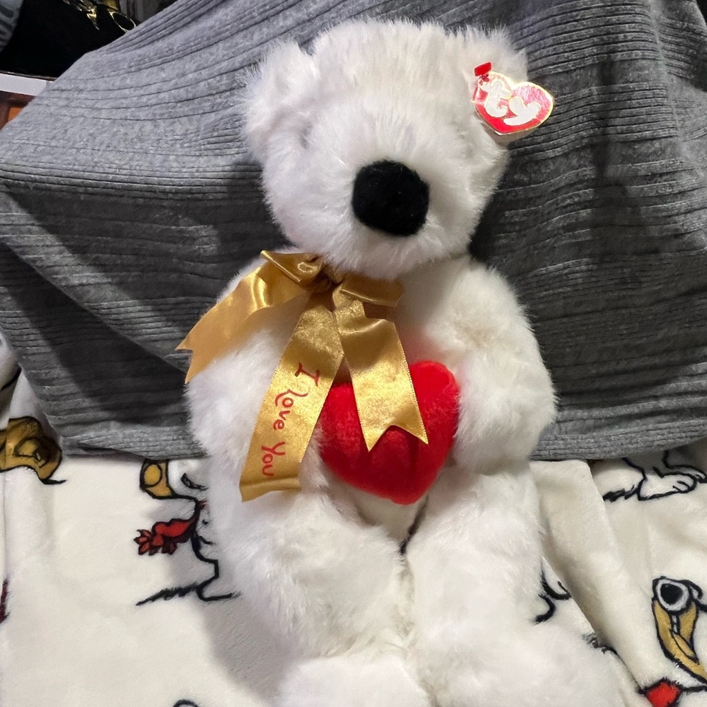 Beanie baby Ty White Teddy Bear Romero with Red Heart and Gold Ribbon